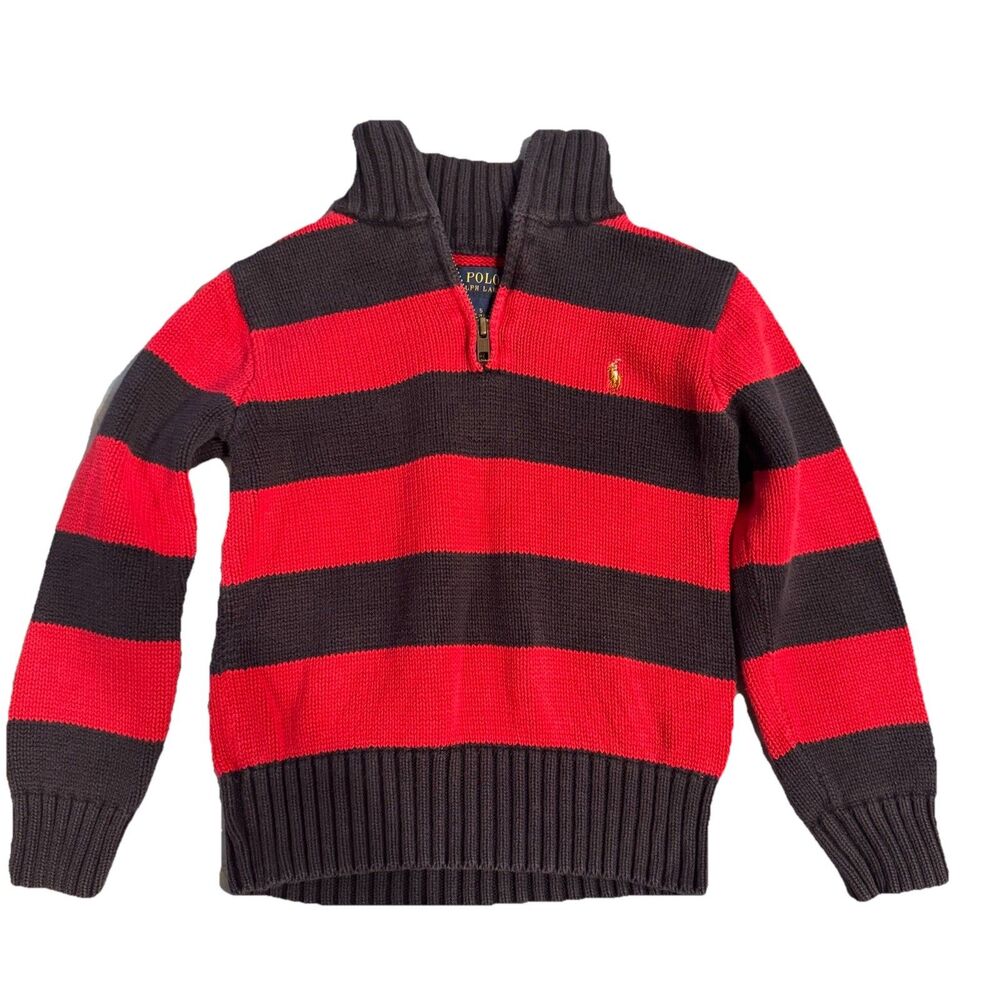 Polo Ralph Lauren Boys Quarter Zip Sweater Red & Navy Striped Size 5
